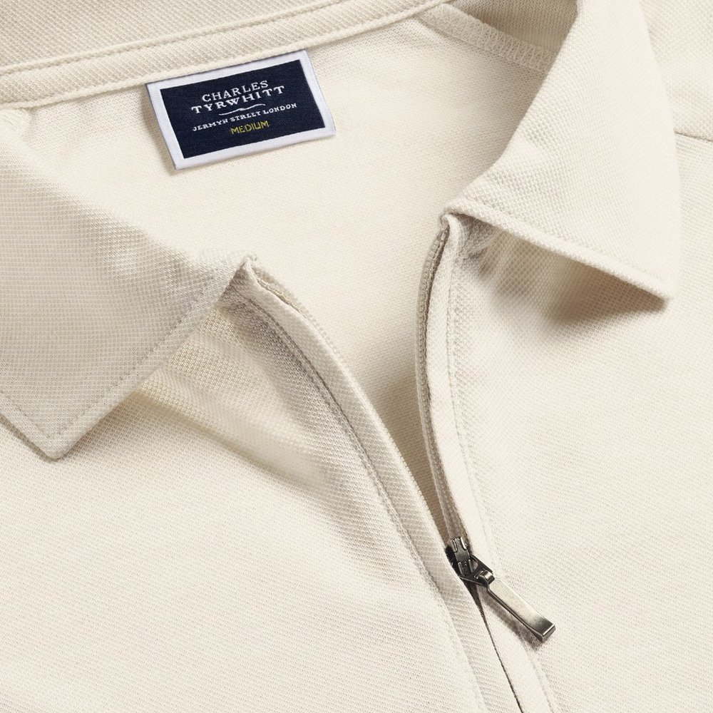 Charles Tyhrwhitt Cotton Tencel Mix Zip-Neck Polo - Chalk